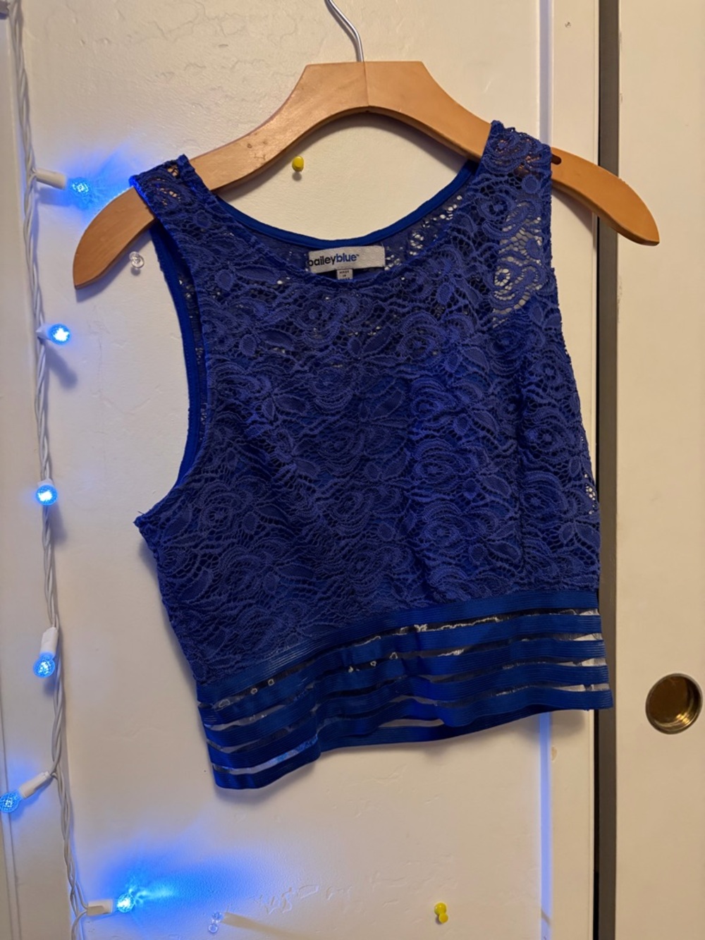 bailey blue Cobalt Lace Crop Tank with Sheer Stripe Hem